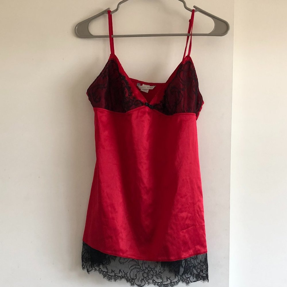 Victoria Secret Sexy Satin Chemise red w/ black lace trim-Size Large